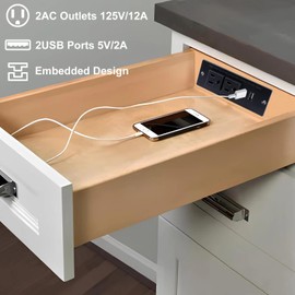 in-Drawer Outlet Kit: Organize Your Space with Two AC 15Amp Outlets & USB Ports for Bathroom, Bedroom, Kitchen, UL Listed.