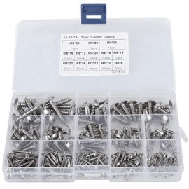 180Pcs M3 M4 M5 M6 Phillips Pan Head Self-Tapping Screws Kit, 304 Stainless Steel Cross Round Head Drilling Screw, Metal Wood Screw Assortment Set with Storage Box, Repair Fixing Lock Nut Thread Nails
