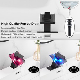 Bathroom Black Faucet Waterfall LED Glass Spout with Overflow Drain Stopper Single Handle One Hole Deck Mount Modern Designer Bath Basin Sink Tap 3 Color Changing Battery Powered Lavatory Vanity