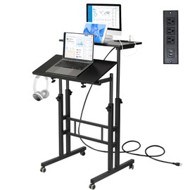 Hadulcet Mobile Standing Desk with Charging Station, Adjustable Standing Computer Desk, Standing Adjustable Laptop Cart with Wheels for Home Office Classroom Black