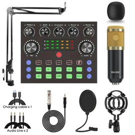 V8S Live Broadcast Device,Wireless Blog Live Sound card Audio Recording Equipment, Microphone Music Sound Control Equipment,Audio Mixer Live Streaming - Color: Gold Microphone Set
