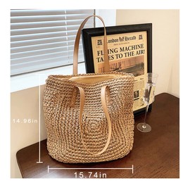 ZNMDOK Women Straw Tote Bag Summer Beach Bags Large Woven Fishing Net Shoulder Bag Straw Bag (Square, Square-Khaki)