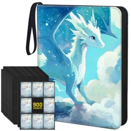 9 Pocket Trading Card Binder, Zippered 3 Ring Binder with PU Leather Cover, Holds 900 Cards with Removable Sleeves for MTG, TCG and Sports Cards, Teal Cloud Dragon