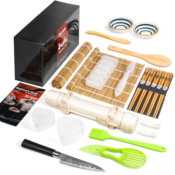 Delamu Sushi Making Kit, 23 in 1 Sushi Maker Bazooker Roller Kit with Bamboo Mats, Chef's Knife, Triangle/Nigiri/Gunkan Sushi Rice Mold, Chopsticks, Sauce Dishes, Rice Spreader, User Guide