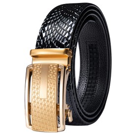 Barry.Wang Black Belt for Men Gold Designer Buckle Sliding Belt Large Leather Strap Automatic Ratchet Buckle