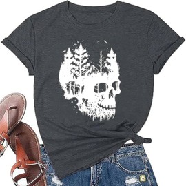 Skeleton Grapchic Tees for Women Casual Short Sleeve Shirts Loose Fit Vintage Tees Summer Cotton Tops,Grey XL