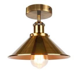 LEDSone Industrial Vintage Semi Flush Mount Ceiling Light, Yellow Brass Ceiling Lamp Metal Cone Shape Downlight Metal Shade Living Room Indoor Decoration E27 Base