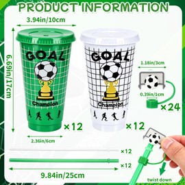 Natonhi 24 Pack Soccer Cups with Lids and Straws - 24oz Reusable Plastic Tumblers with Straw Cover Caps - White & Green - for soccer Party Favors, Soccer Team Gifts, Sports Theme Decor