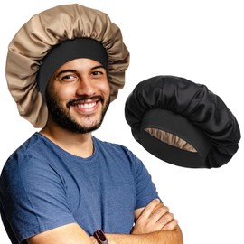 Satin Bonnet for Men Sleeping 2 Layer Silk Hair Bonnets with Wide Band Reversible Nightcap for Unisex Sleep Cap Hair Wrap (Black/Champagne)