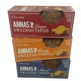 Annas Swedish Thins Assortment, Six 5.25oz boxes, 2 each of 3 flavors, 2 Ginger, 2 Orange & 2 Almond Thins