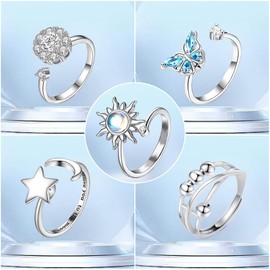 Xumann 5PCS Fidget Rings for Women, Adjustable Anxiety Ring for Kids, Spinner Worry Rings