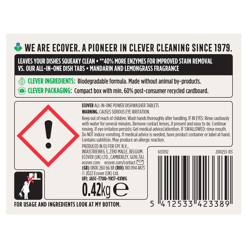 Ecover Power Dishwasher Tablets, All-In-One Dishwasher Salt & Rinse Aid,