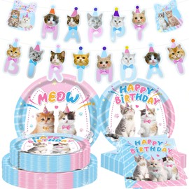 BACH AND BOUJEE Kitten Cat Party Decorations Serves 16 Dinnerware Plates Napkins Tablecloth for Cat Kitten Theme Birthday Decorations