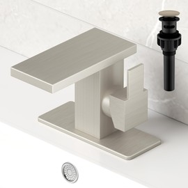 Hoimpro Bathroom Waterfall Sink Vanity Faucet with Pop-up Drain and cUPC Water Supply Line 6 Inch Deck Plate, Single Handle One 1 Hole, Stainless Steel Brushed Nickel