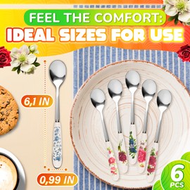 6PCs Coffee Spoons Set – 6.1" Small Spoons with Printed Floral Design, Ceramic Handles, Durable Stainless Steel for Long-Lasting Use Without Rusting or Breaking – Suitable for Hot Drinks & Jam Spoons