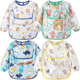 Accmor 4pcs Long Sleeve Baby Bibs, Waterproof Sleeved Bibs for Eating Feeding, Toddler Baby Boys Girls Smock Bibs for 6-24 Months