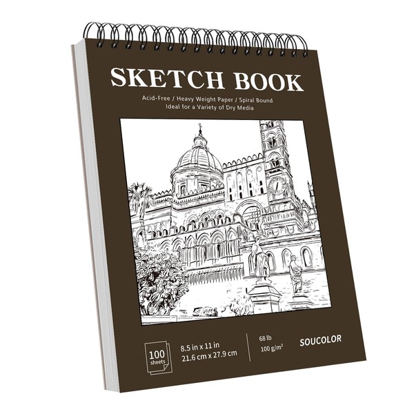 Soucolor Sketchbook 8.5x11 Hard Cover - 100 Sheets Spiral Bound
