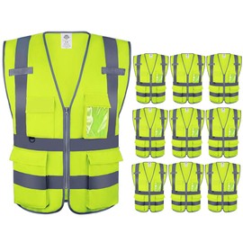 Dazonity High Visibility Safety Vest with Multi Pockets and Zipper, 10 Packs,Reflective Strips, Fit for Men & Women, Work, Construction,Cycling, Runnning, Surveyor, Volunteer (Yellow-2XL)