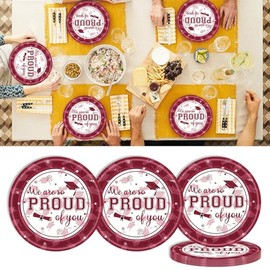 Graduation Paper Plates Congrats Grad Round Disposable Tableware 7 Inch Red White Plaid College School Party Supplies 24 Pcs | 