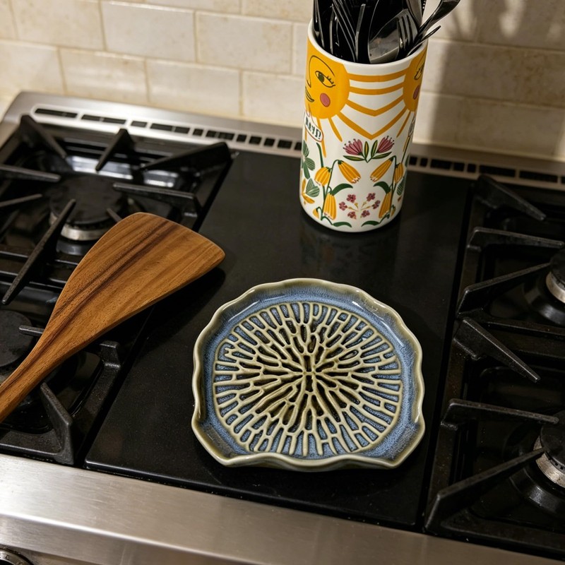 Large Ceramic Double Spoon Rest, Blue Durable Spoon Holder for