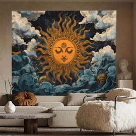 FENDROM Hippie Burning Sun Tapestry Wall Hanging for Bedroom Aesthetic,Vintage India Boho Sunflowers Clounds Constellation Tapestries for Bedroom Living Room Dorm