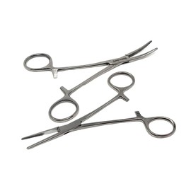 2 Pcs Kelly Hemostat Forceps Straight + Curved Surgical Clamps For Vet Tech Nurses, First Responders, Students, Dental Pliers Stainless Steel Multipurpose Tool Half Serrated Jaws 5.5" (Satin)