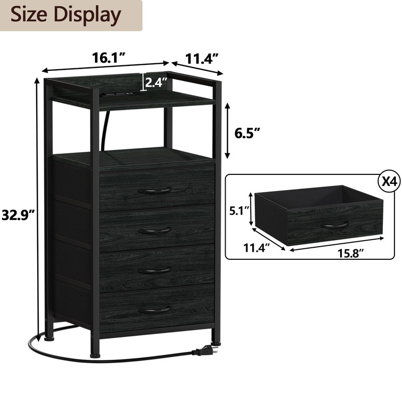 Furnulem 4 Drawer Nightstand with Shelf, Tall Black Dresser for