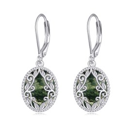 Teardrop Earrings Sterling Silver Filigree Irish Celtic Teardrop Drop Earrings Jewelry Gifts For Women, Sterling Silver, moss agate