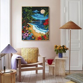 DIYDECORFUN Beach Paint by Numbers Kit for Adults, Moon Beach Paint by Number on Canvas, Frameless DIY Acrylic Landscape Easy Adults' Paint by Number Kits for Home Decor Gift 16x20 Inch