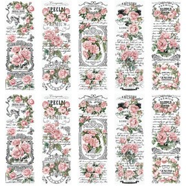 WANDIC 10 Sheets Rub On Transfer Sticker, Retro Pink Flower Pattern Stickers for DIY Scrapbooking Photo Albums Furniture,11.8 * 3.9in
