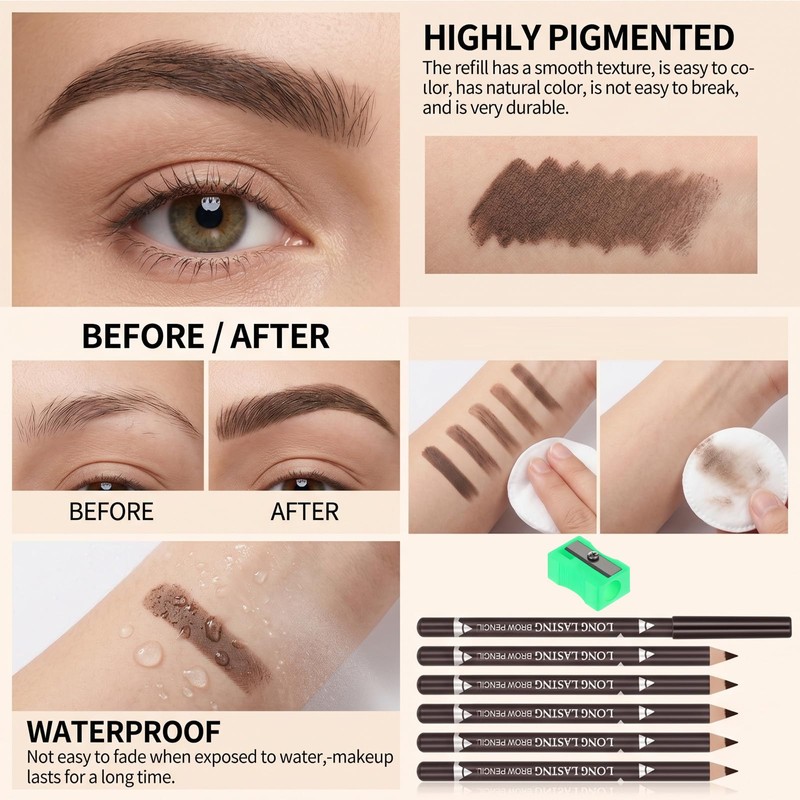 6Pcs Eyebrow Pencils for Women Wooden Hard-Core Eyebrow and Eyeliner