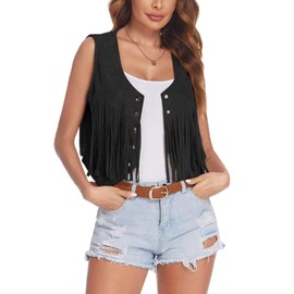 MINTLIMIT Women's Fringe Vest Sleeveless Tassel Jacket Faux Suede Rivets Western Cowgirl Waistcoat 70s Hippie Outfit