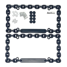 Universal Chrome Mega-Metal Round Chain Link Design License Plate Frame with Screws Caps, Set of 2 (Black)