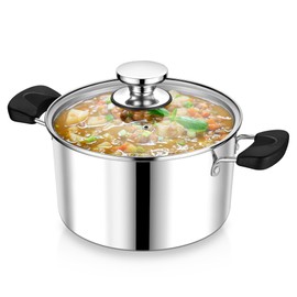 5 Quart 3-Ply Cooking Stock Pot with Lid, P&P CHEF Stainless Steel Large Pot for Pasta Soup, Work on Multi Stove, Heavy Duty & Dishwasher Safe, Dual Heat-resistant Handles & Visible Lid