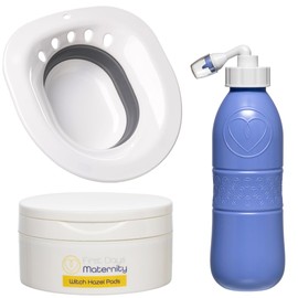 First Days Maternity - Haemorrhoid Care Kit - Foldable Sitz Bath, Large Capacity Peri Bottle & Witch Hazel Pads for Soothing, Cleansing and Caring for Haemorrhoids/Piles (Blue Peri Bottle)