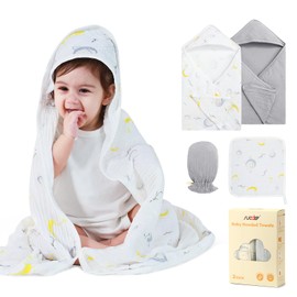 SUOSDEY Muslin Hooded Baby Towels for Newborn Infant Toddler, 70% Viscose from Bamboo 30% Cotton,Soft Baby Bath Towel with Hood Highly Absorbent and Newborn Essential,28 X 28 Inch