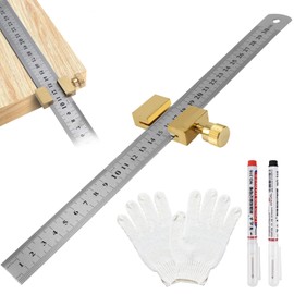 FSWWSF Steel Ruler 30 cm Scribe Ruler Stainless Steel for Woodworkers with Adjustable Positioning Block Brass Steel Ruler for DIY, Woodworking, Crafts