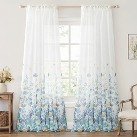 MIULEE Dusty Blue Printed Semi Sheer Linen Textured Curtains 96" Long 2 Panels Set for Bedroom Living Room Floral Printed Rod Pocket Tulle Light Filtering Spring Flower Pattern Window Drape 52" x 96"