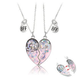 Magnetic Friendship Necklaces for 2 Girls Friends Christmas Birthday Gift for Girls Silver Sequins Matching Heart BFF Necklace for 2 Bestie Gifts for Teen Girls