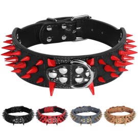 Beirui Heavy Duty Spiked Dog Collar - Stylish PU Leather Studded Dog Collar - 2 Inch Wide Pet Collar for Medium & Large Dogs - Such as Pitbull Mastiff Bulldog(Red Rivets & Black Leather,21-24")
