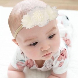 Kenjudess Stretchy Baby Girl Flower Headbands Elastic Nylon Floral Hairbands Bows Wrap for Newborn Toddler Infant Hair Accessories (White, Standard Small)