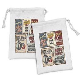 Lunarable 1950s Fabric Pouch Set of 2, Vintage Car Signs Automobile Advertising Repair Vehicle Garage Classics Servicing, Small Drawstring Bag for Toiletries Masks and Favors, 9" x 6", Multicolor