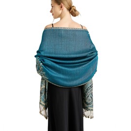vimate Teal Pashmina Paisley Scarves-Ladies Winter Large Warm Rave Pashmina Shawls and Wraps for Evening Dresses with Fringes(Style 2-Teal)