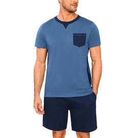 Marvmys Men's Pyjamas Set Summer Cotton Short Pjs Loungewear Nightwear Round Neck T-Shirt and Shorty Bottoms Blue