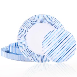 U-QE 20Pcs Blue Plastic Plates - Blue Stripes Plates Disposable Heavy Duty, Fancy Stripes Pattern Perfect for Weddings, Tea Parties, Holidays - 10.25" Dinner & 7.5" Dessert Plastic Plate