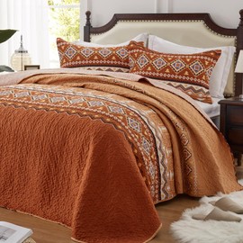 3 Pieces Quilt Set King Size Bedspread Burnt Orange/Rust Coverlet Lightweight Summer Comforter Microfiber Bohemian Bedding Set for All Season Oversized 98x106 Inch Bed Cover(1 Quilt, 2 Pillow Shams)