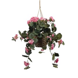 Larksilk Realistic 25" Hanging Pink Geranium in Basket, Artificial Flower, Indoor & Outdoor Use, Home & Office Decor