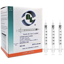 Jeringas para insulina 0.3 mL aguja Extra Delgada 32G X 6mm, caja con 100 piezas