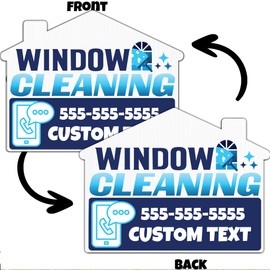 10-Pack Custom Window Cleaning Yard Sign - Two Sided Print - House Shaped Cut - Includes Two 24 Inch Yard Stakes Per Sign, American Made