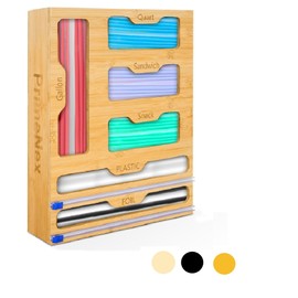 PrimeNex Ziplock Bag organizer, Ziplock Foil and Plastic Wrap Dispenser with Cutter, 6 in 1 Bamboo Kitchen Drawer Plastic Bag Food Baggie Organizer for Drawer Gallon, Quart, Sandwich, Snack (Natural)